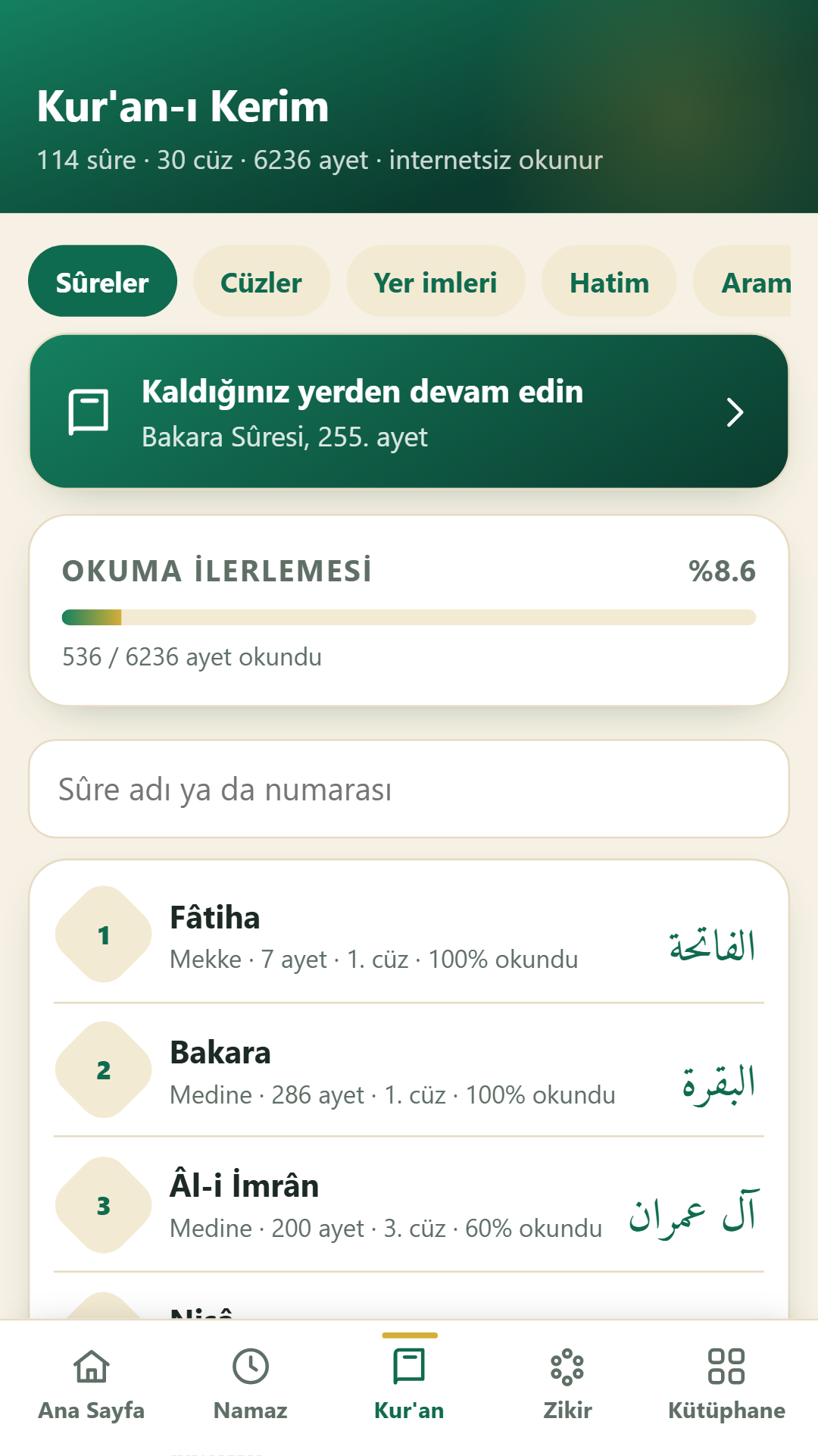 114 sûre, 30 cüz, okuma ilerlemesi, kaldığın yerden devam