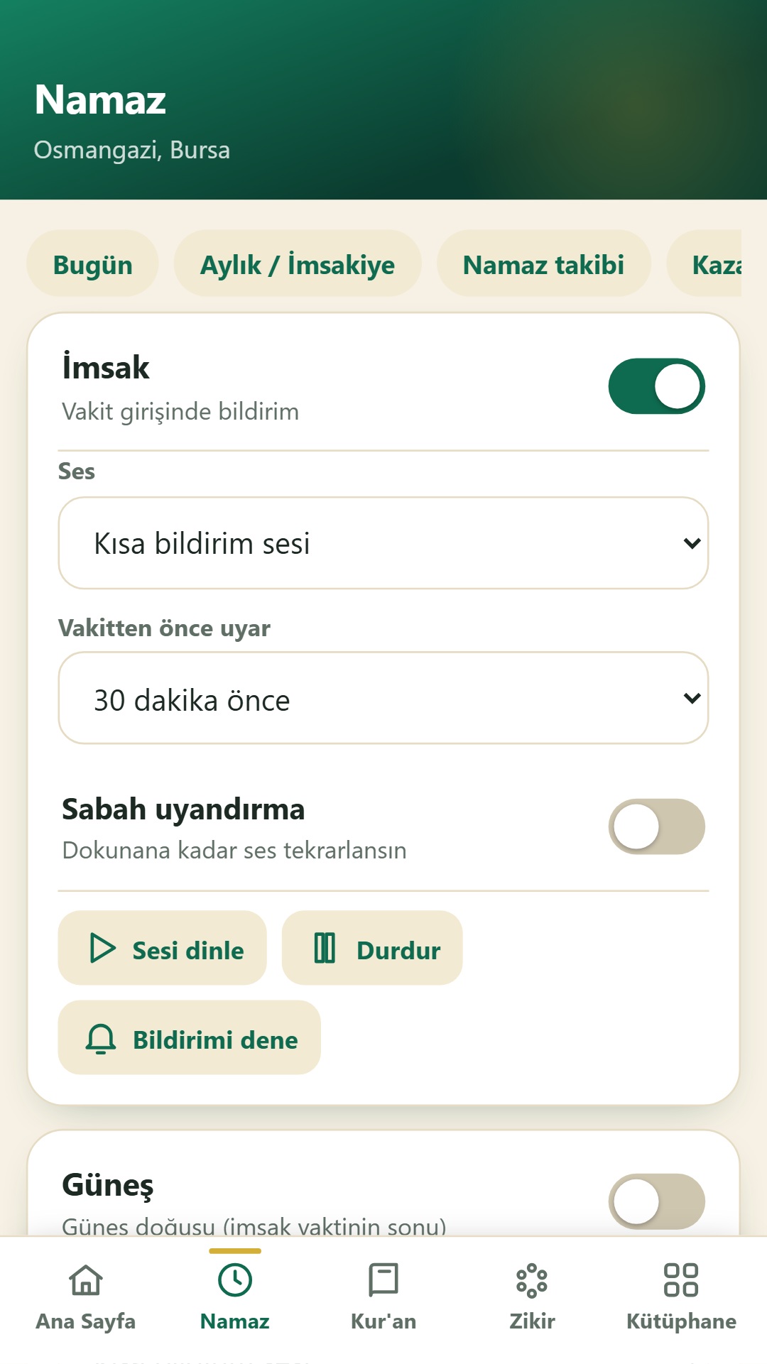 Her vakit için ayrı ezan sesi, vakitten önce uyarı, sabah uyandırma