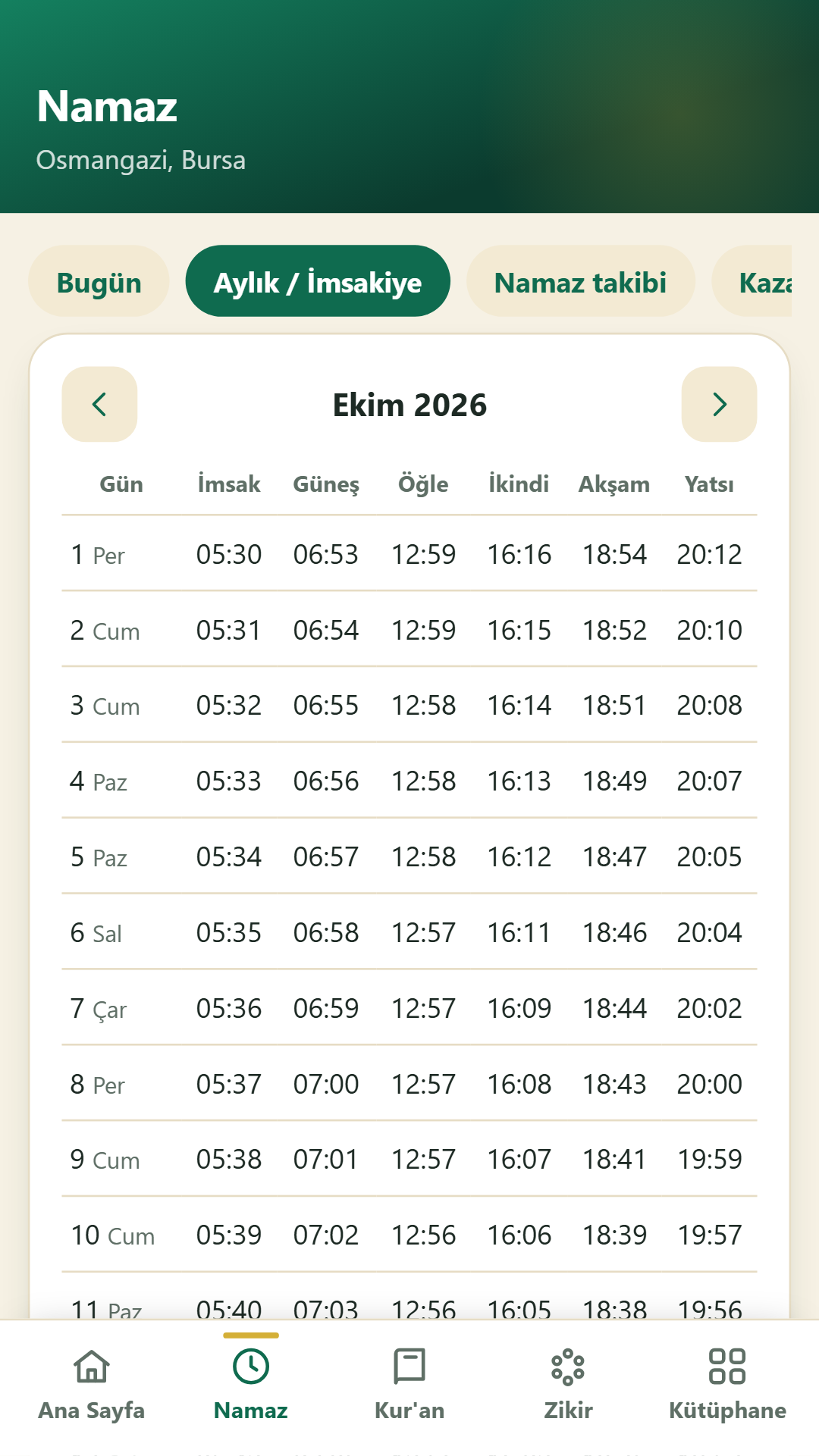 Aylık vakit çizelgesi ve Ramazan imsakiyesi