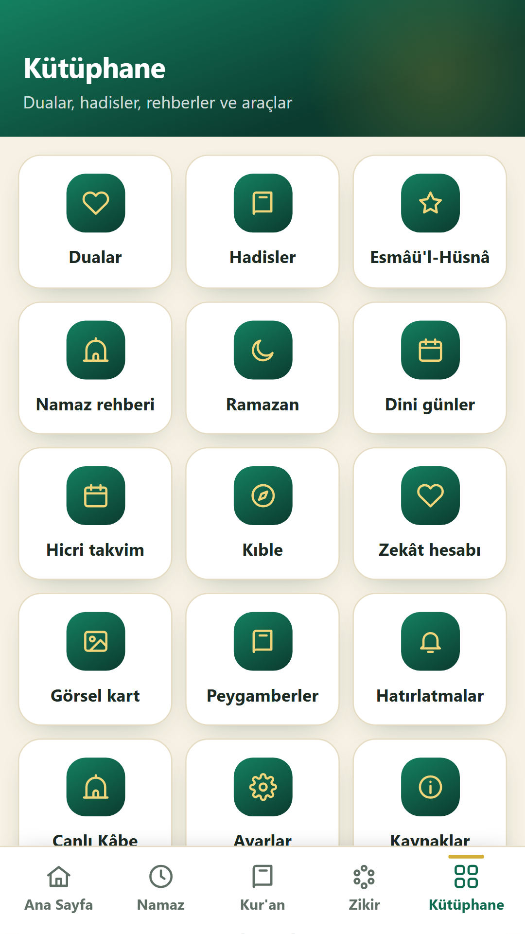 Kütüphane: hadisler, Esmâü'l-Hüsnâ, rehberler, dini günler
